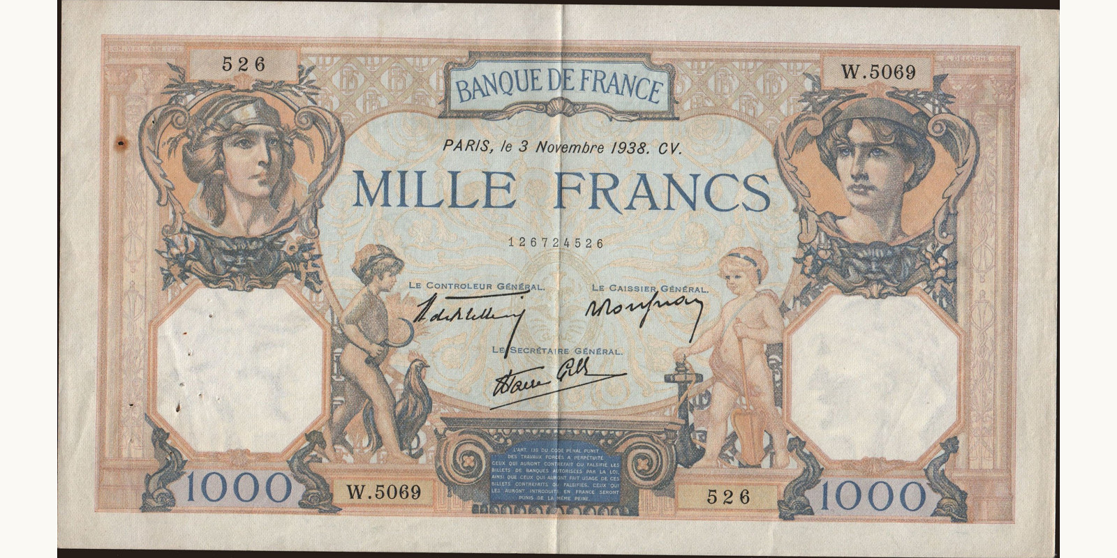 1000 franc Франция 1938 — Лицевая сторона