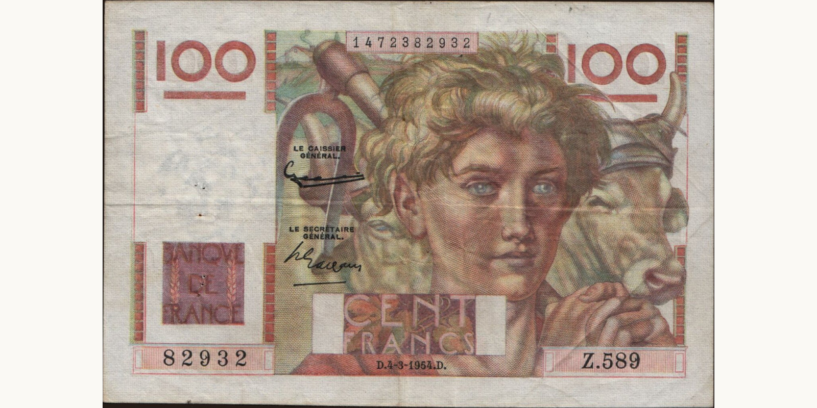 100 franc France 1954 — Front side