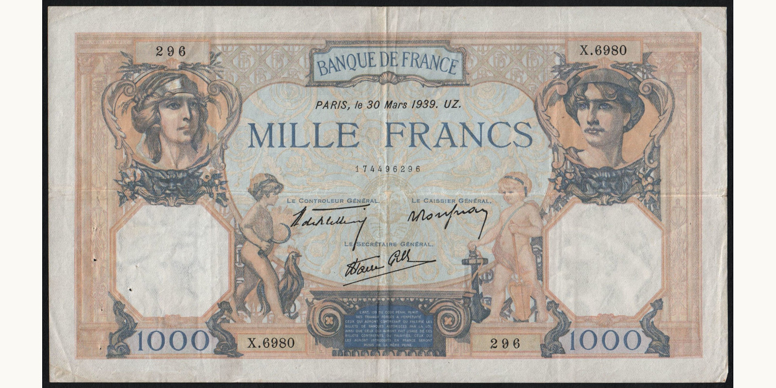 1000 franc Франция 1939 — Лицевая сторона