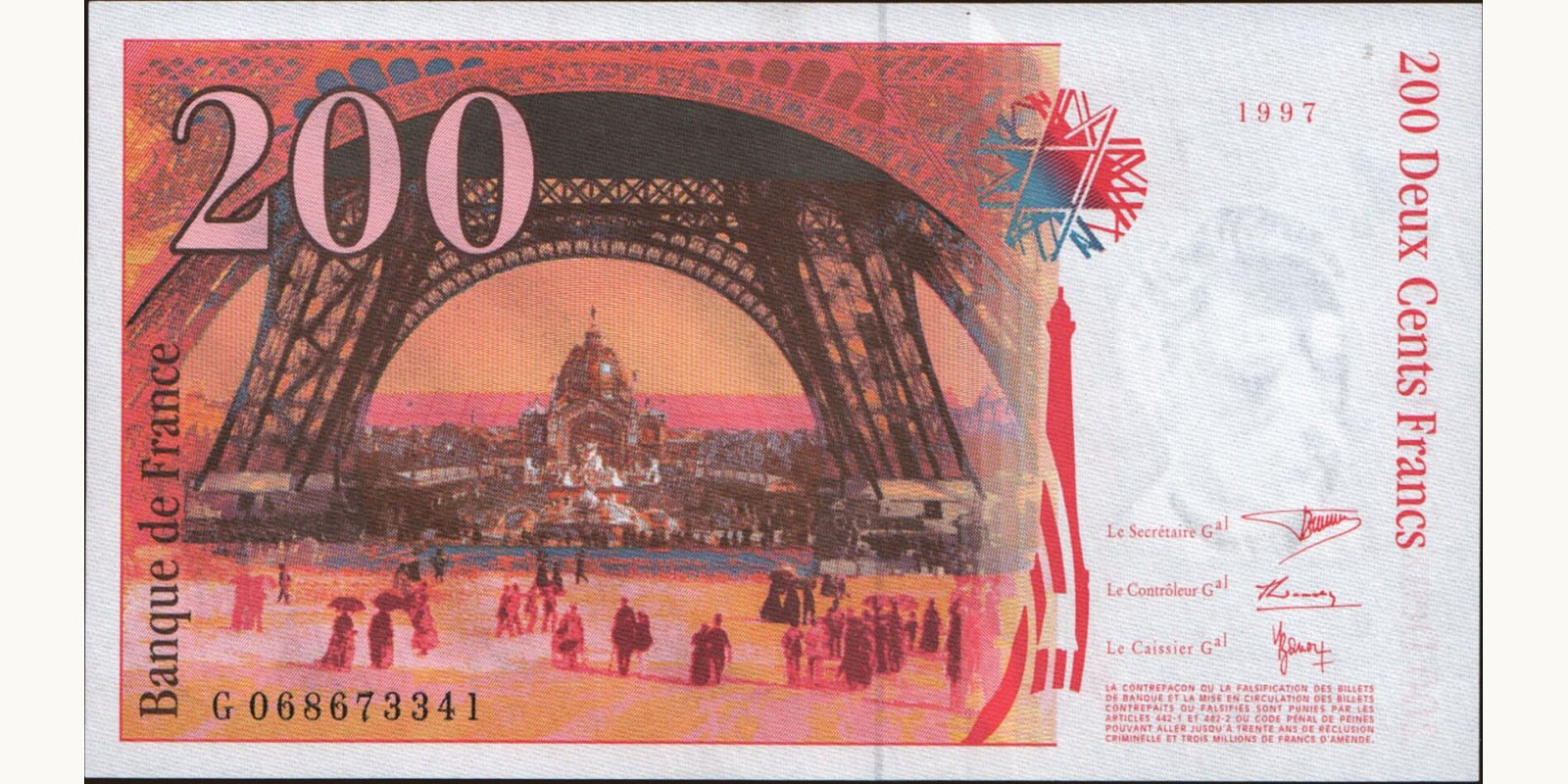 200 franc France 1997 — Back side