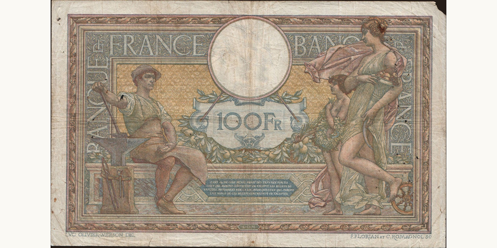 100 franc France 1919 — Back side