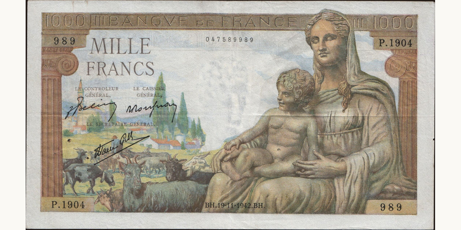 1000 franc France 1942 — Front side