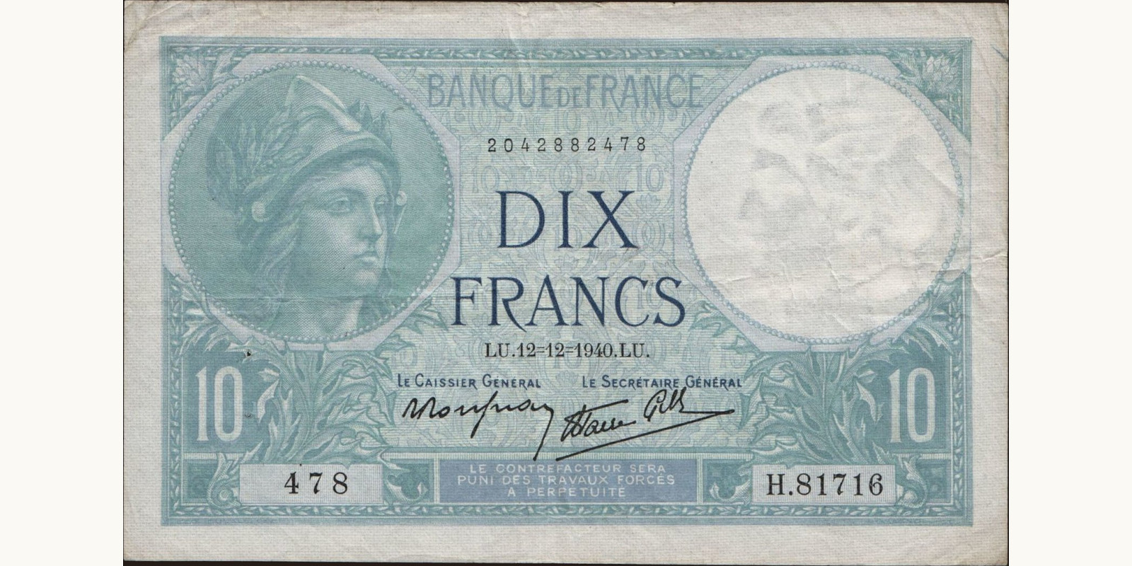 10 franc Франция 1940 — Лицевая сторона
