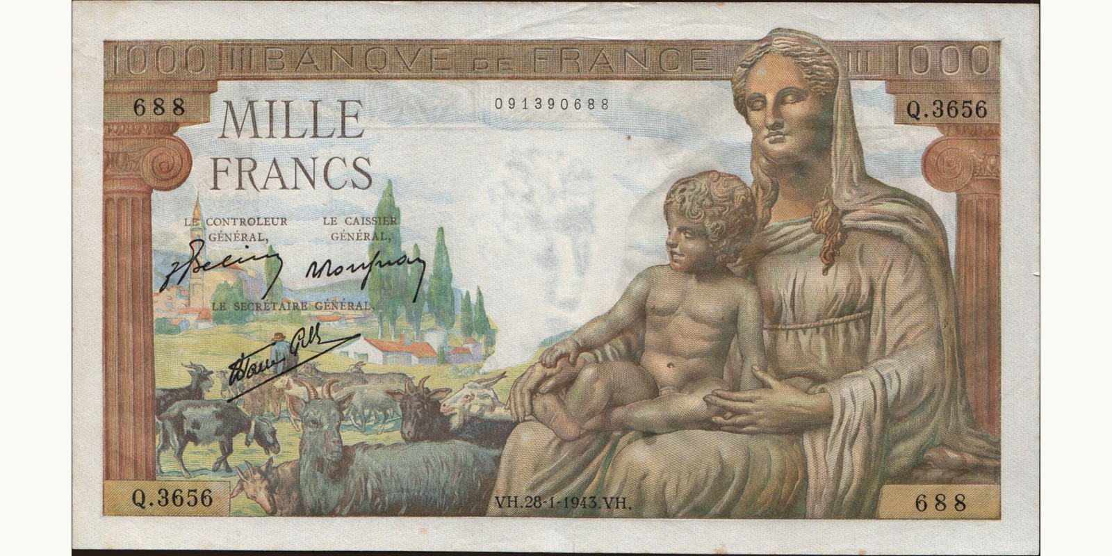 1000 franc France 1943 — Front side