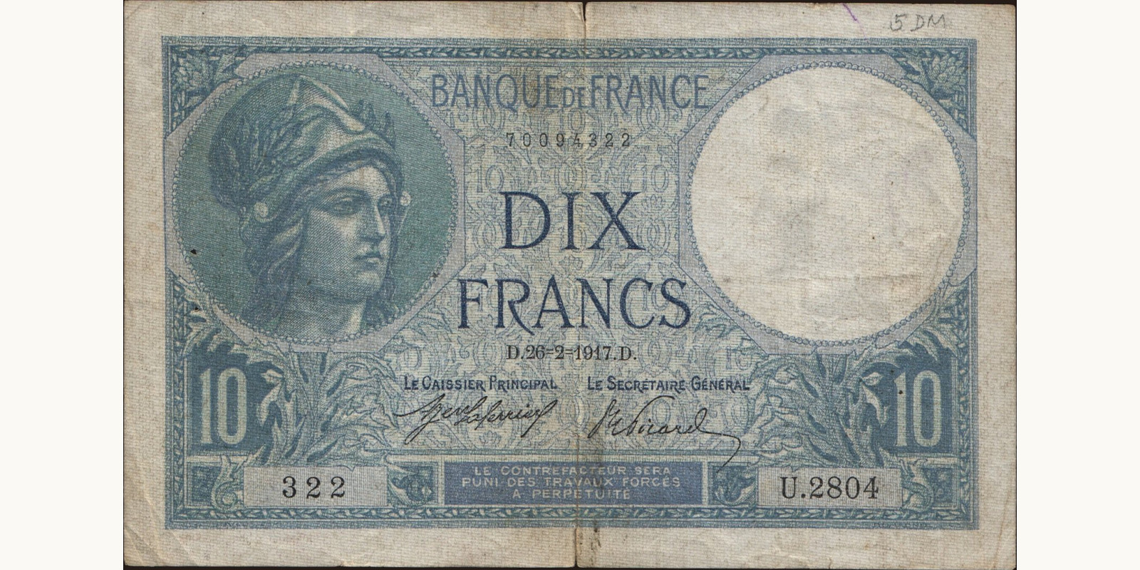 10 franc Франция 1917 — Лицевая сторона