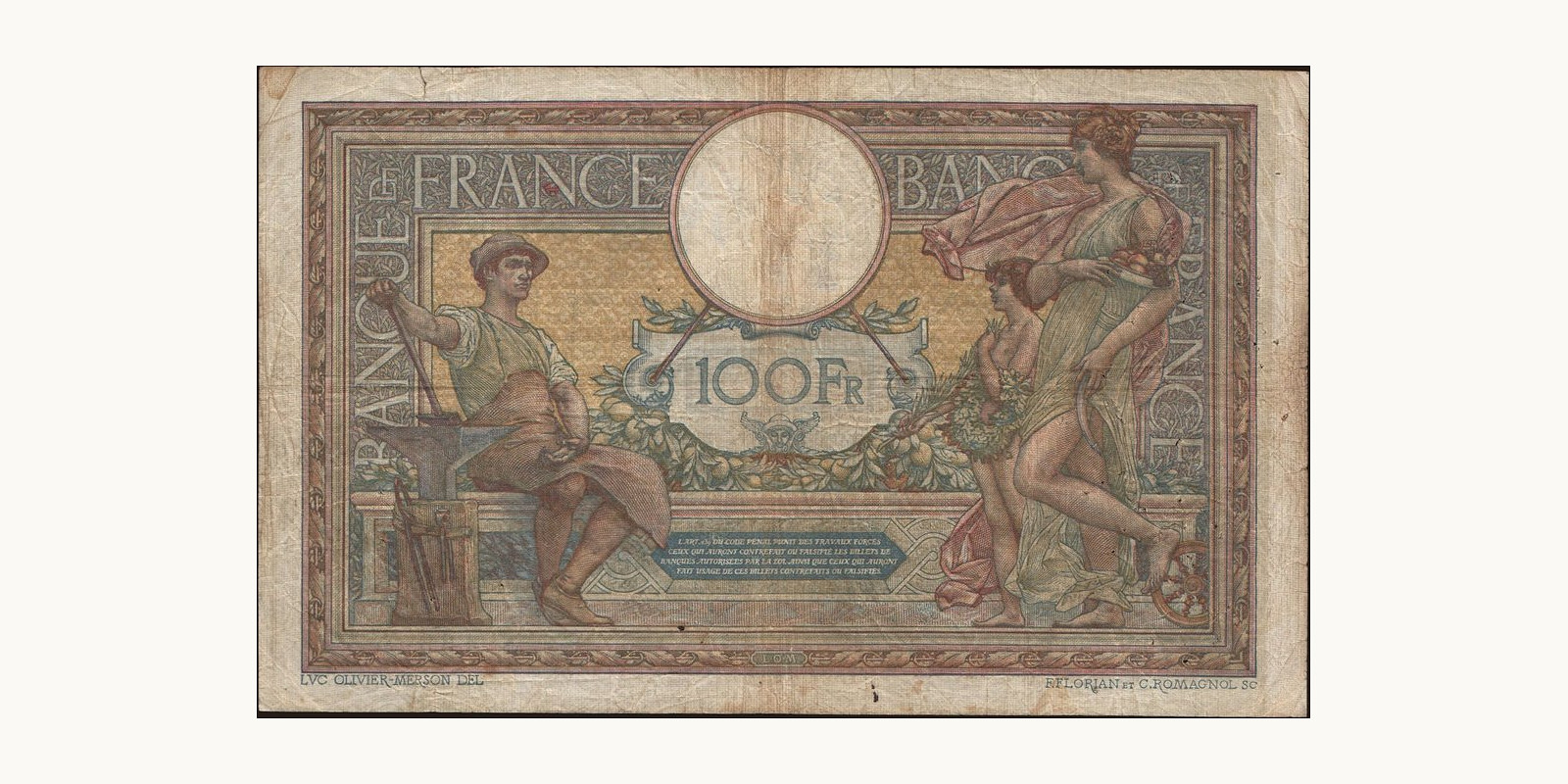 100 franc France 1918 — Back side