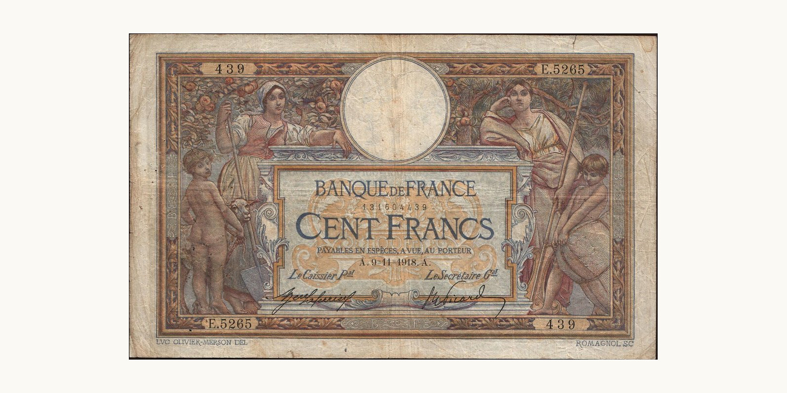 100 franc France 1918 — Front side