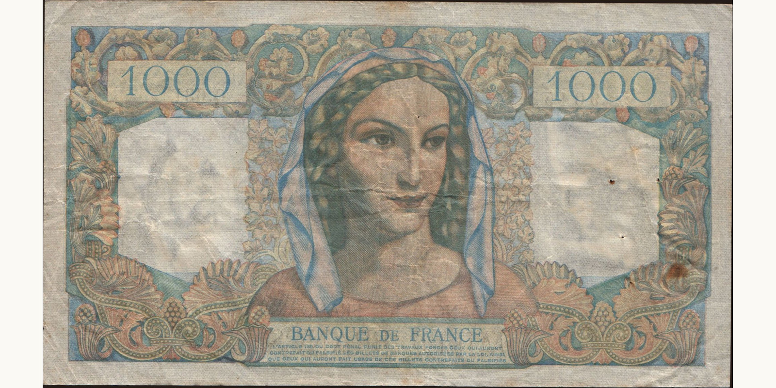 1000 franc France 1950 — Back side
