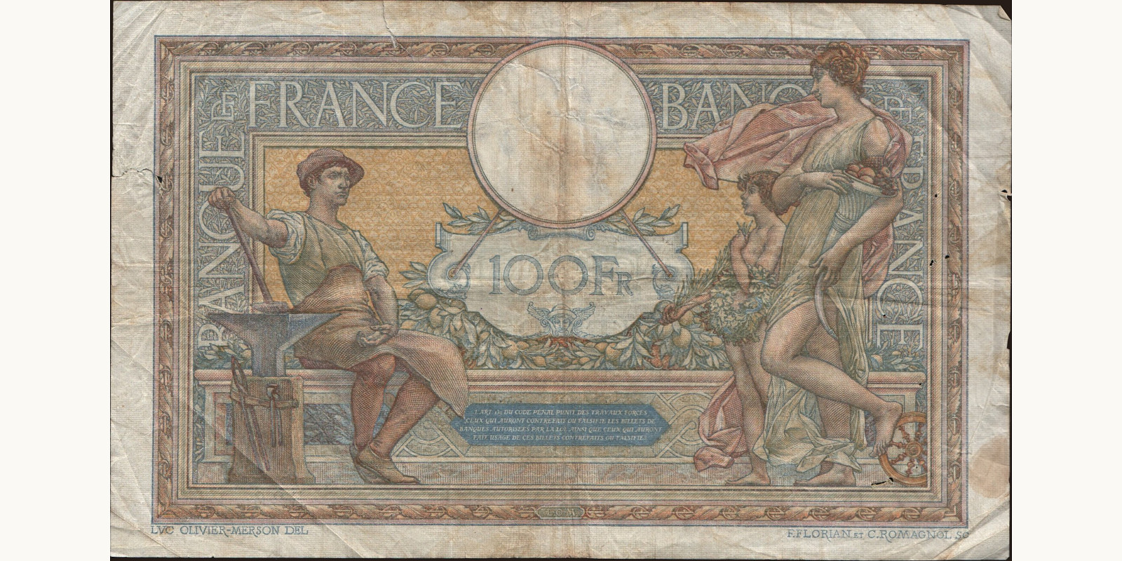 100 franc France 1927 — Back side