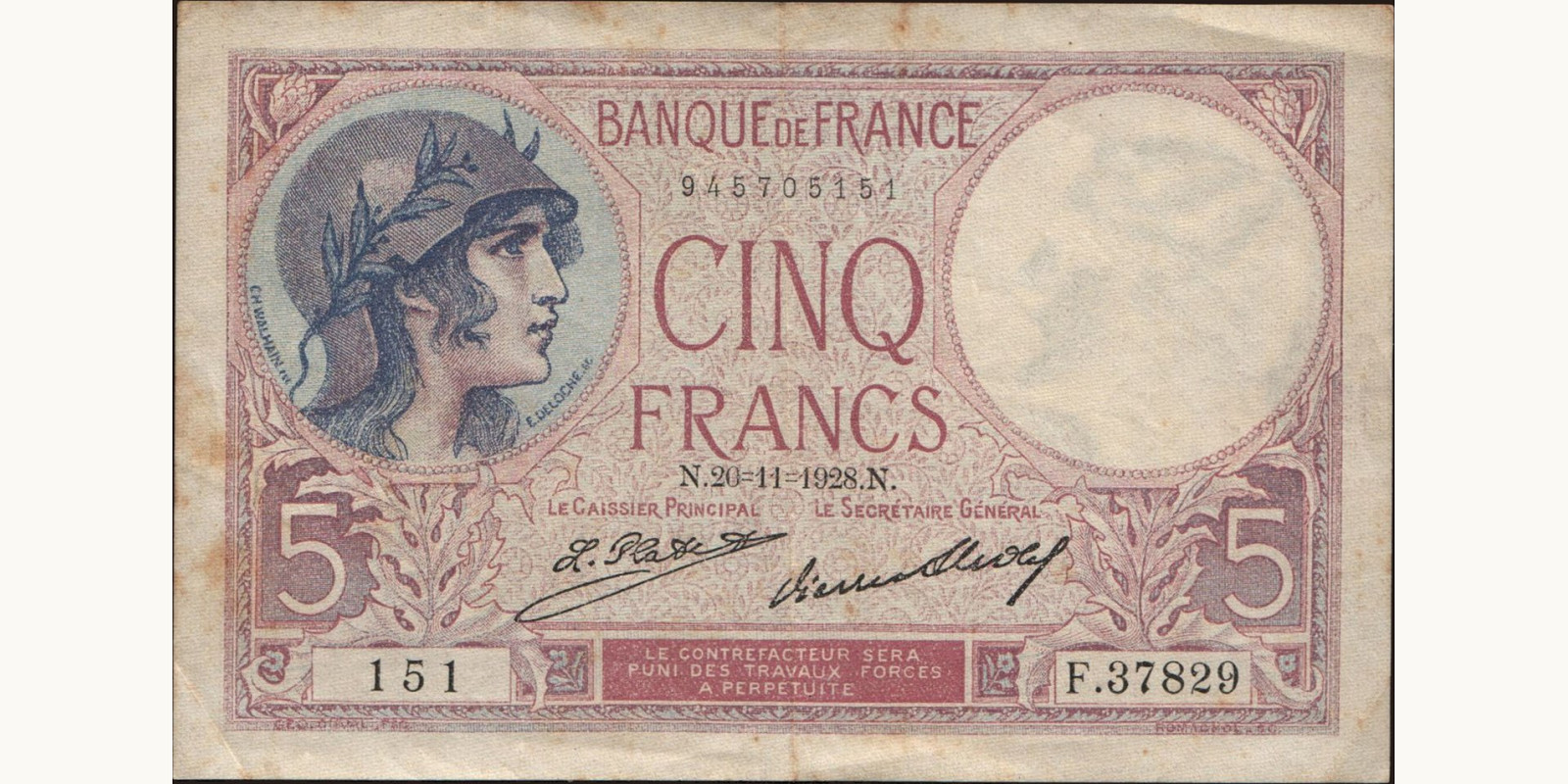 5 franc France 1928 — Front side