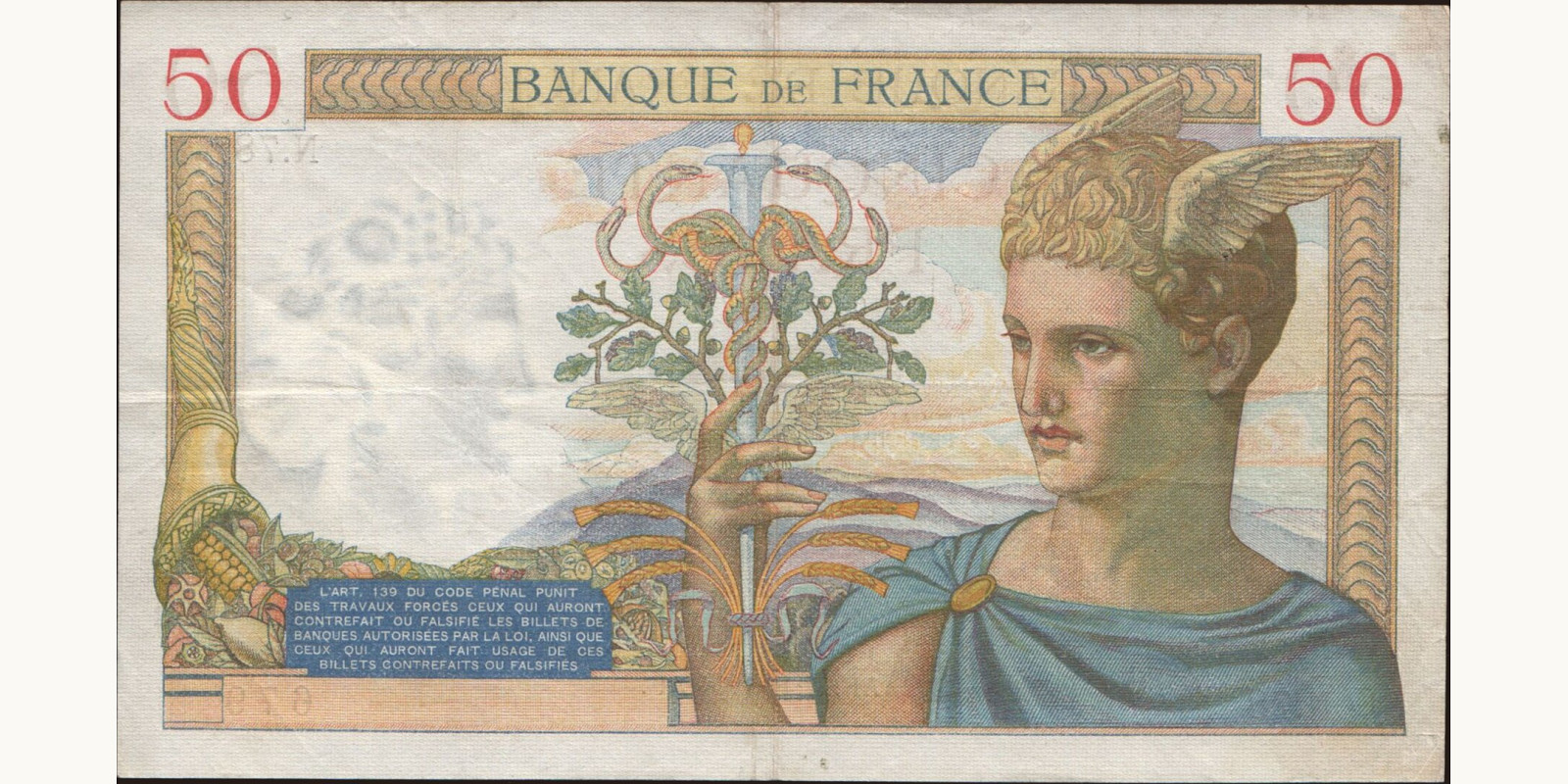50 franc France 1934 — Back side