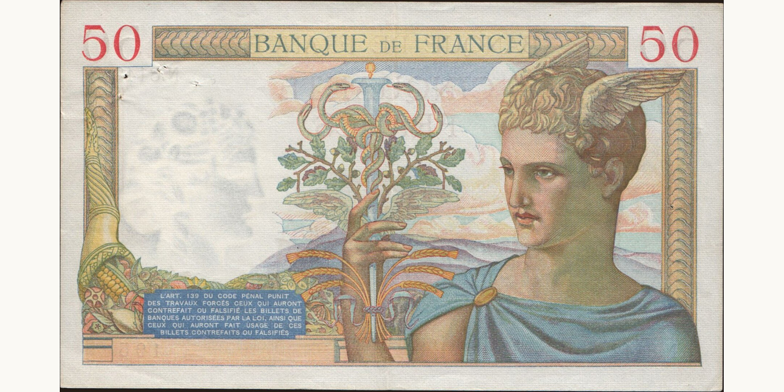 50 franc France 1938 — Back side