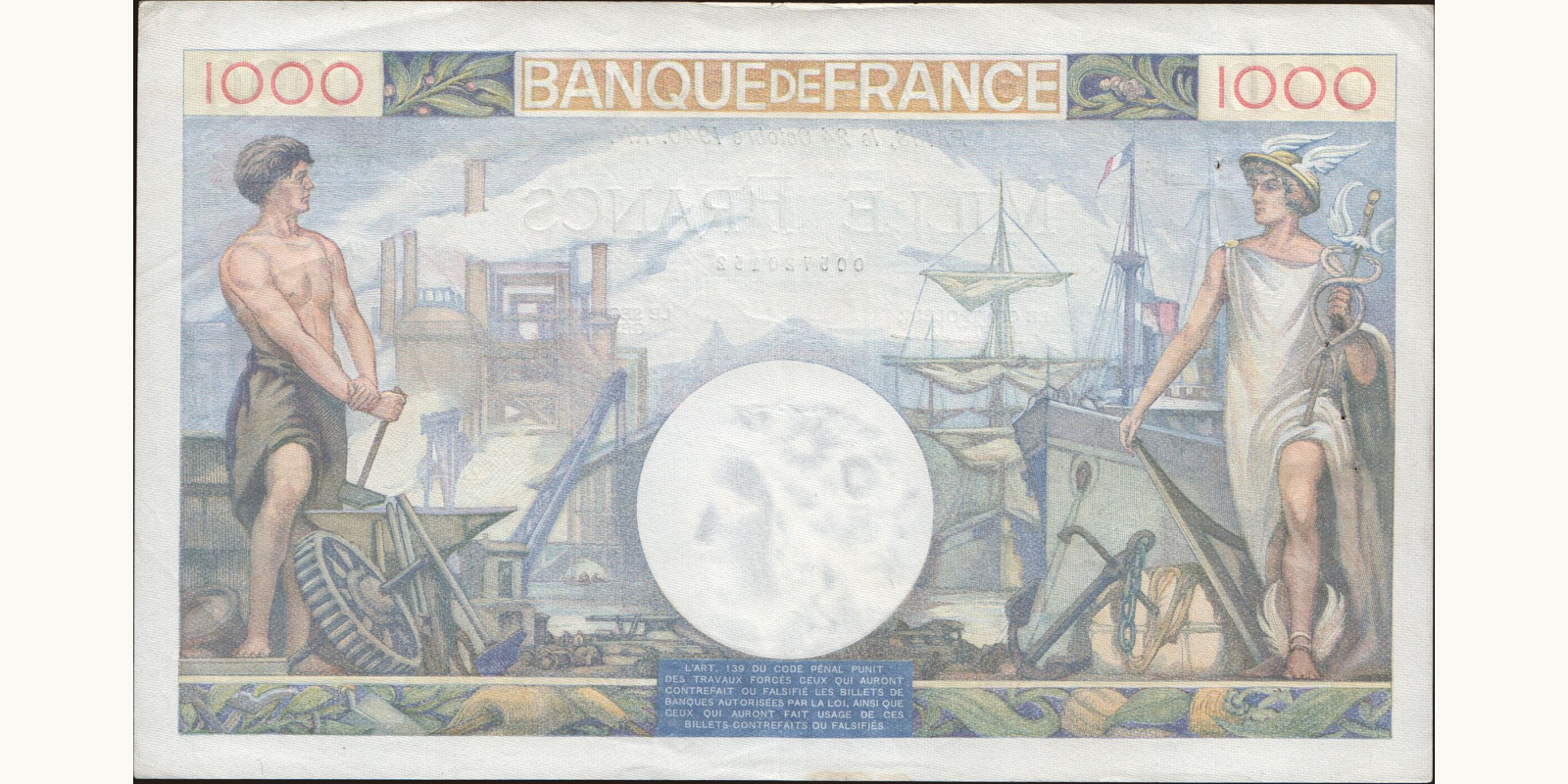 1000 franc France 1940 — Back side