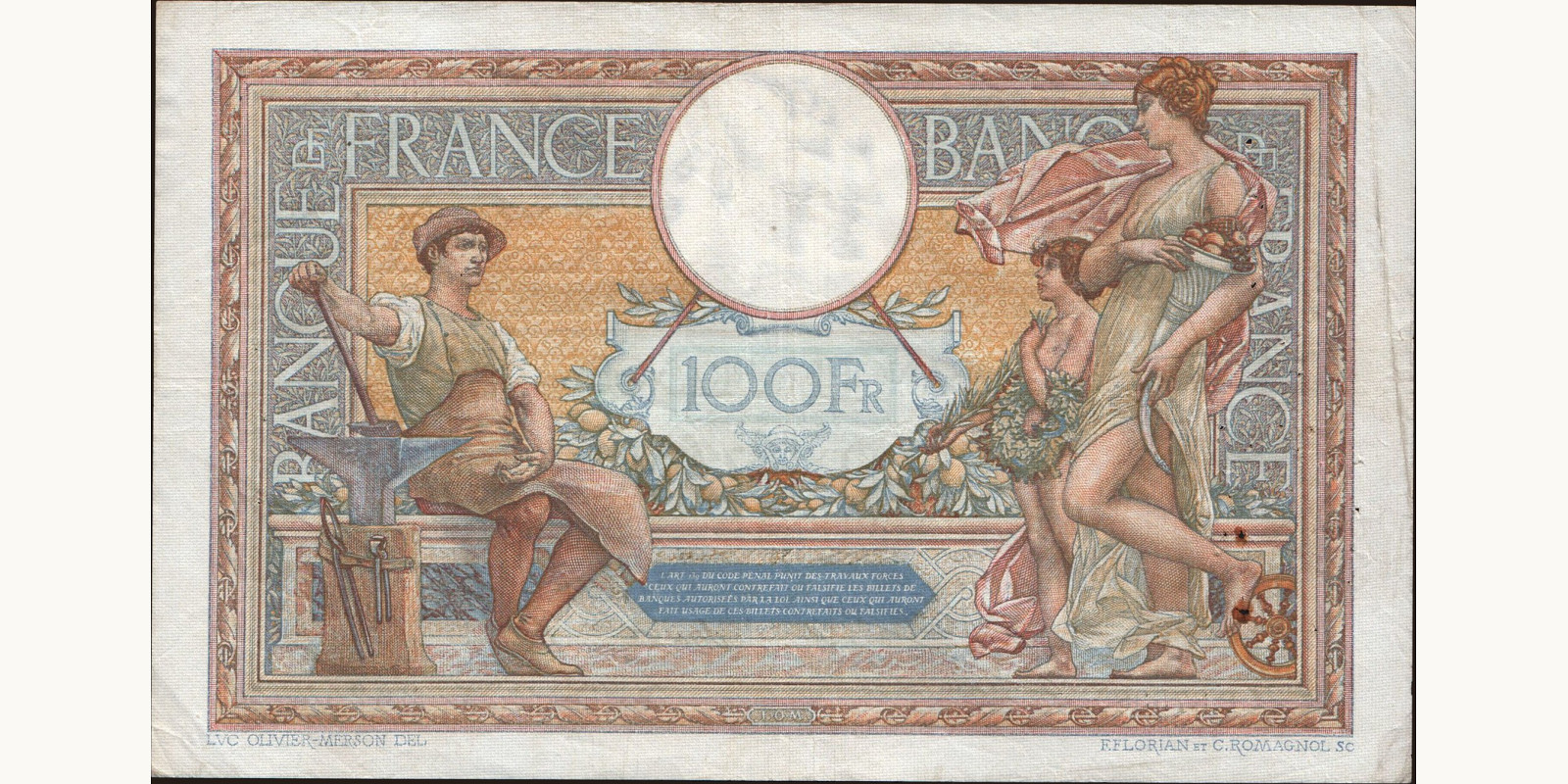 100 franc France 1932 — Back side