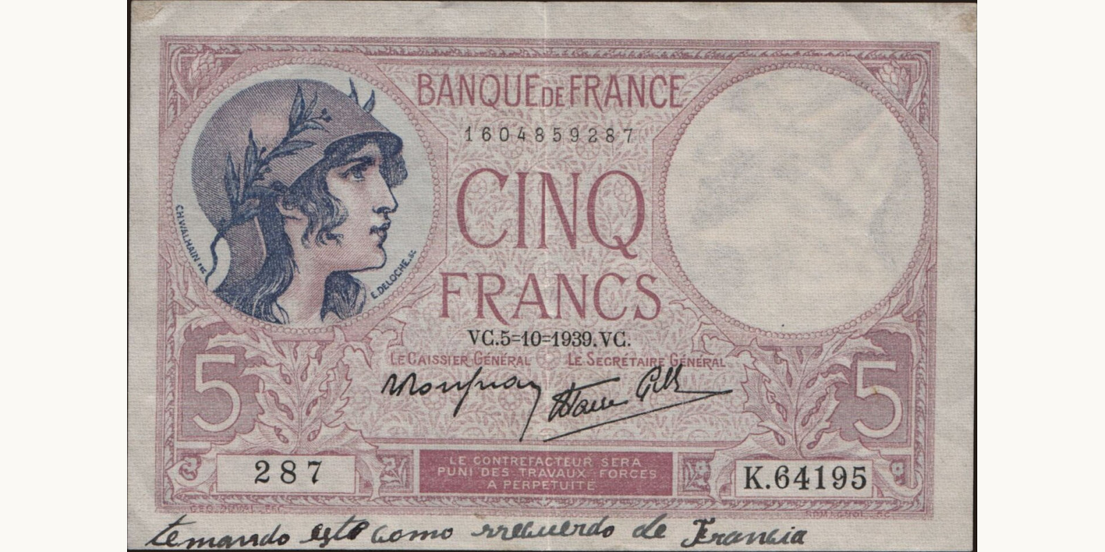 5 franc Франция 1939 — Лицевая сторона
