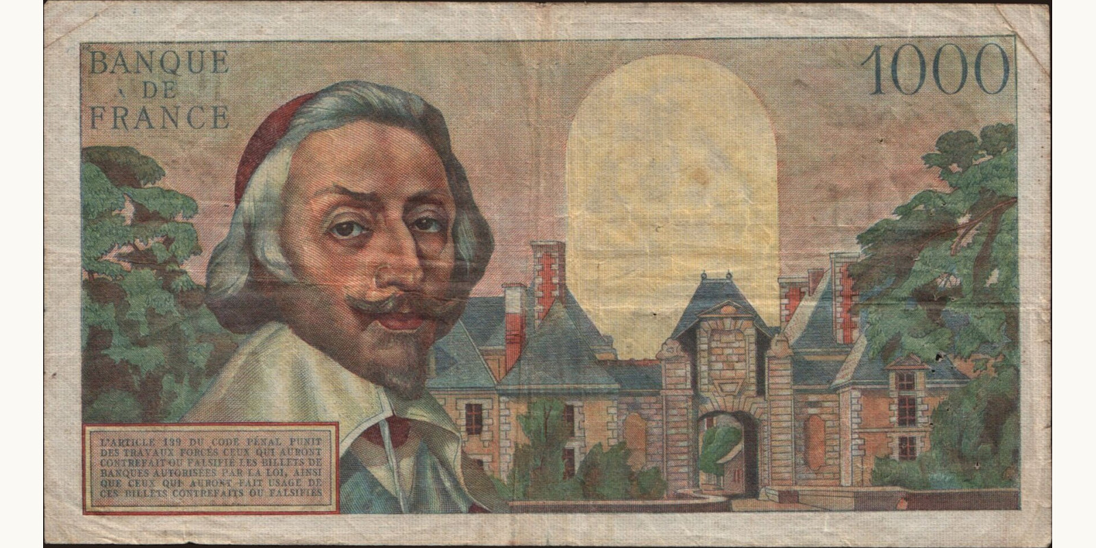 1000 franc France 1954 — Back side