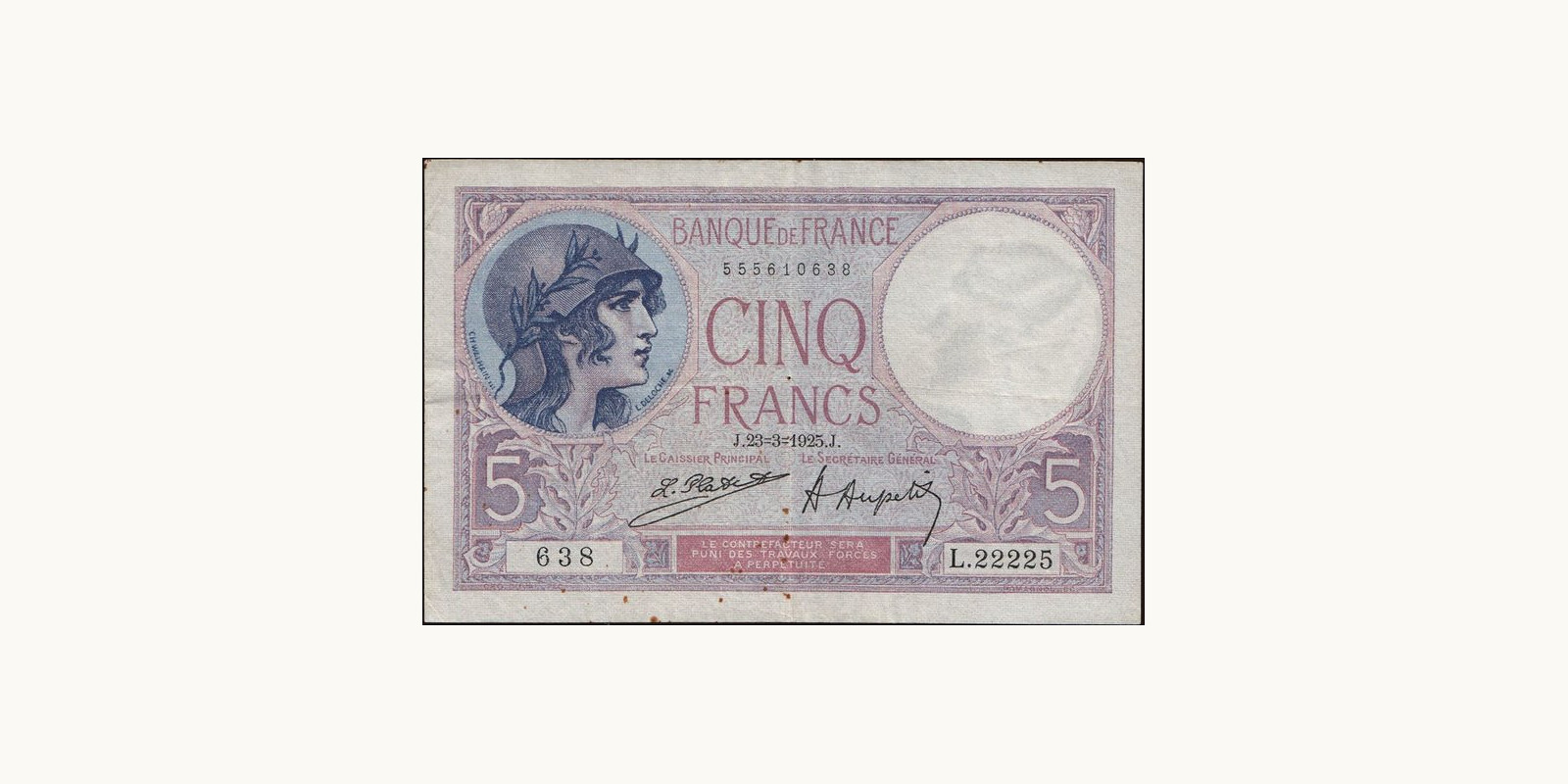 5 franc France 1925 — Front side