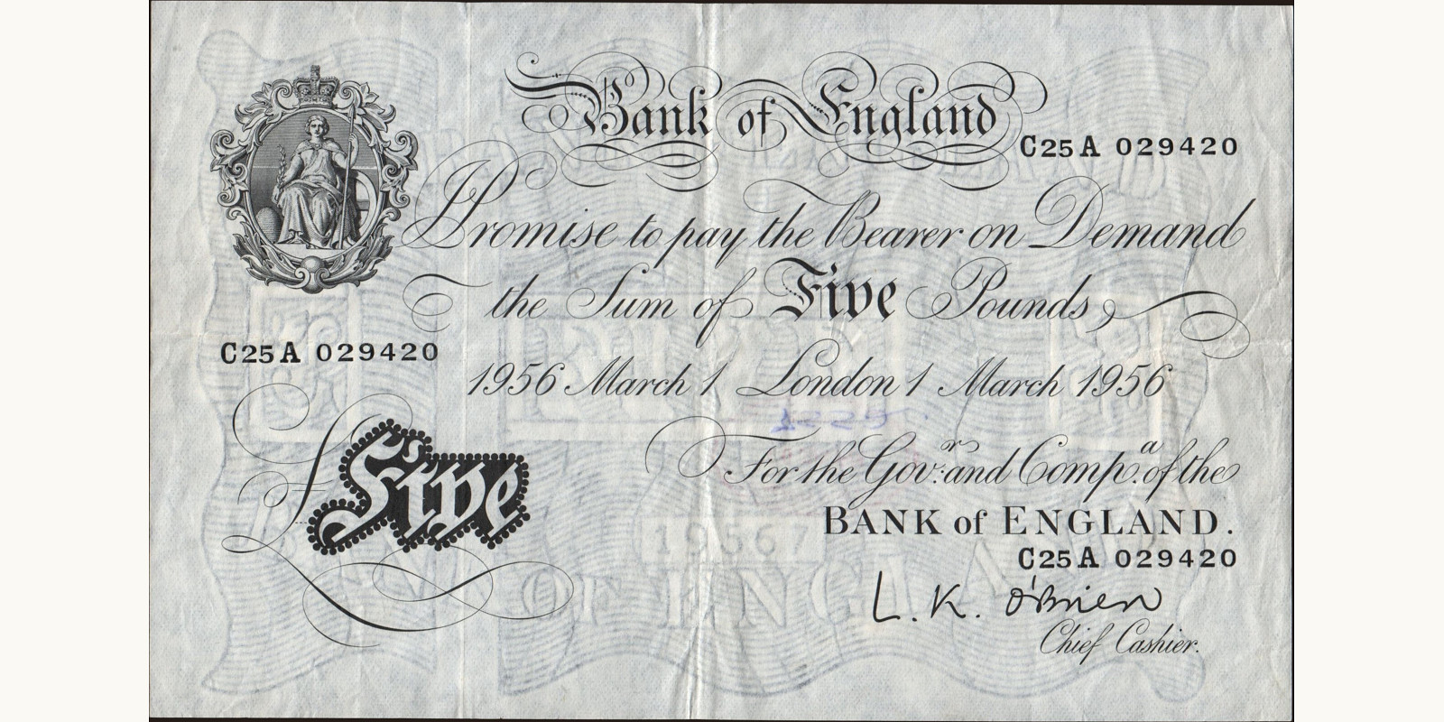 5 pounds United Kingdom 1956 — Front side