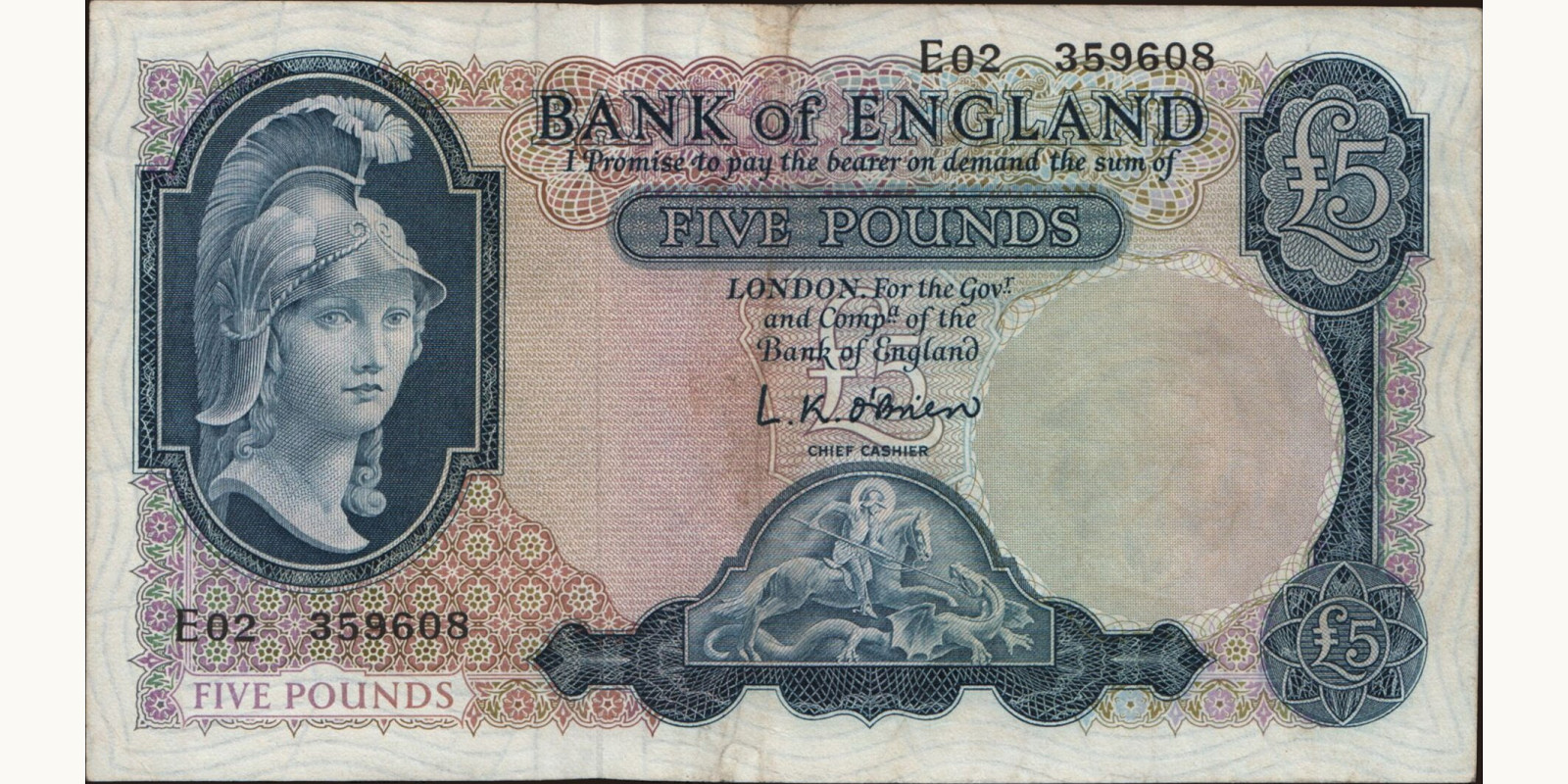 5 pounds Великобритания 1957 — Лицевая сторона