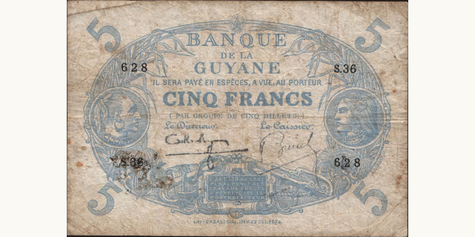 5 francs Французская Гвиана 1939 — Лицевая сторона