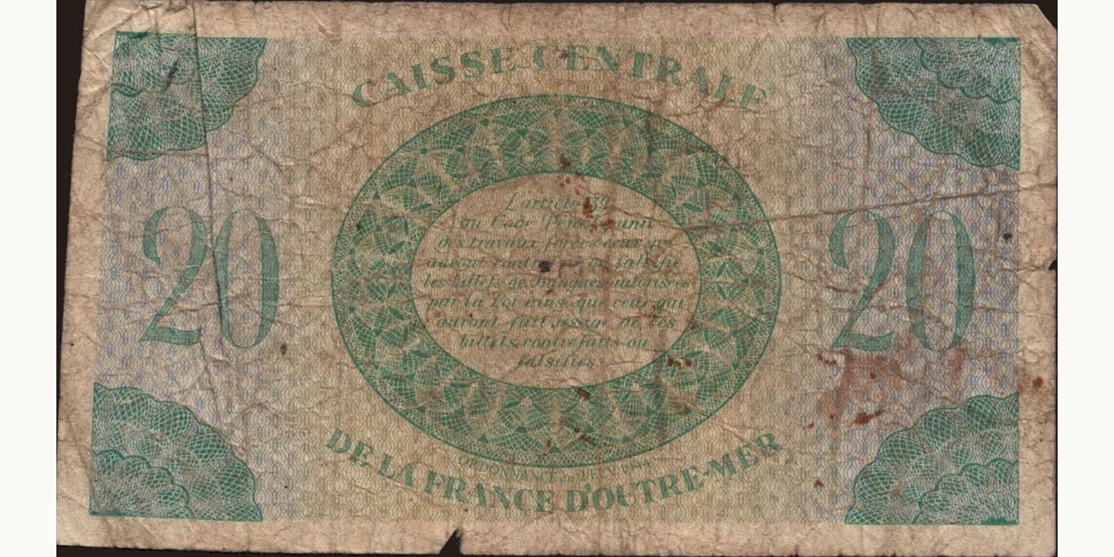 20 francs Гваделупа 1944 — Оборотная сторона