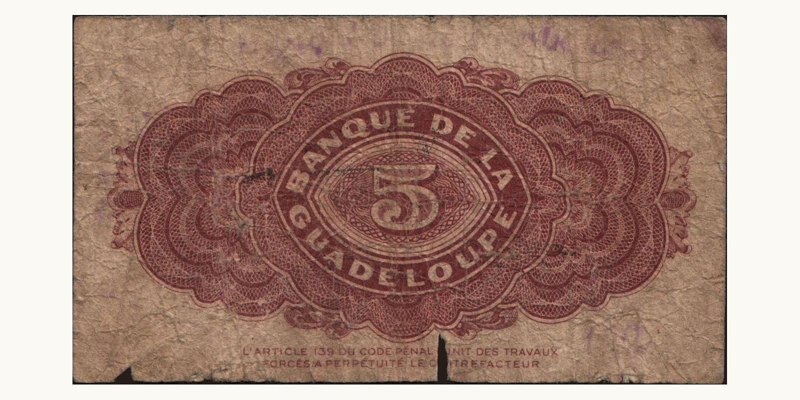 5 francs Гваделупа 1942 — Оборотная сторона