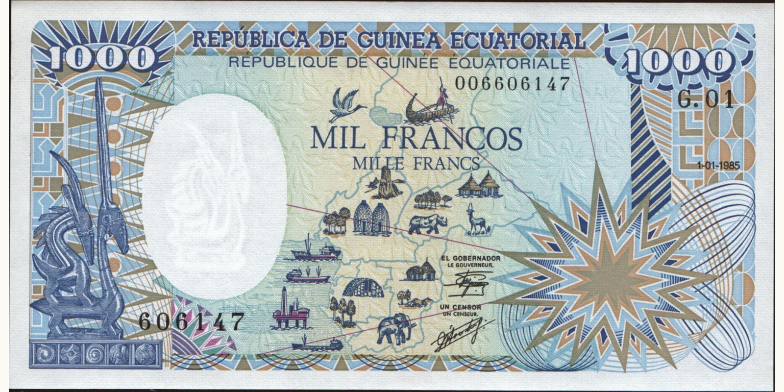 1000 franc Equatorial Guinea 1985 — Front side