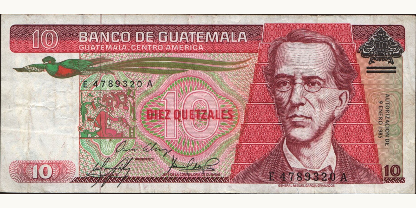 10 quetzales Гватемала 1985 — Лицевая сторона