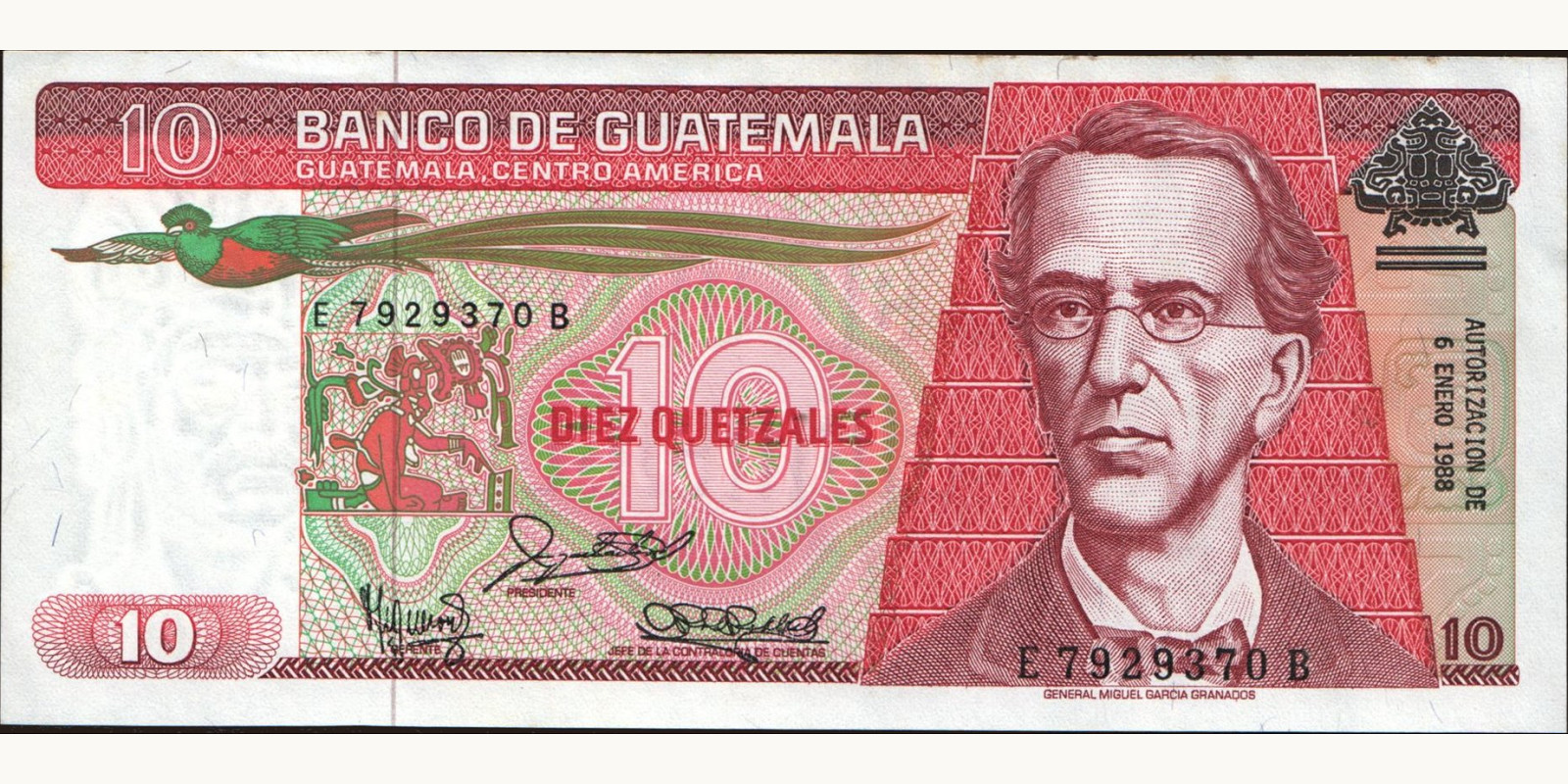 10 quetzales Guatemala 1988 — Front side