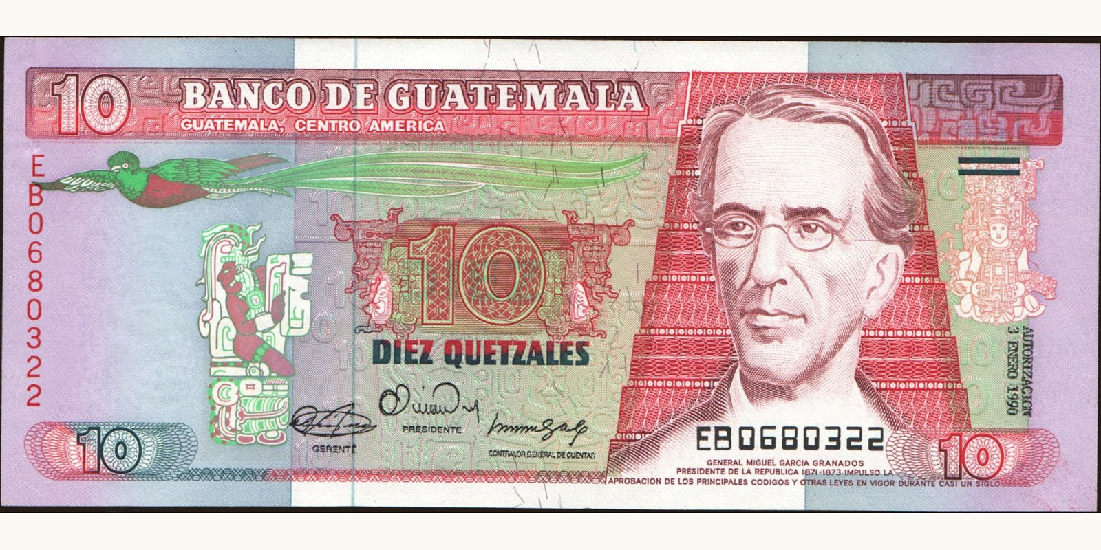 10 quetzales Guatemala 1990 — Front side