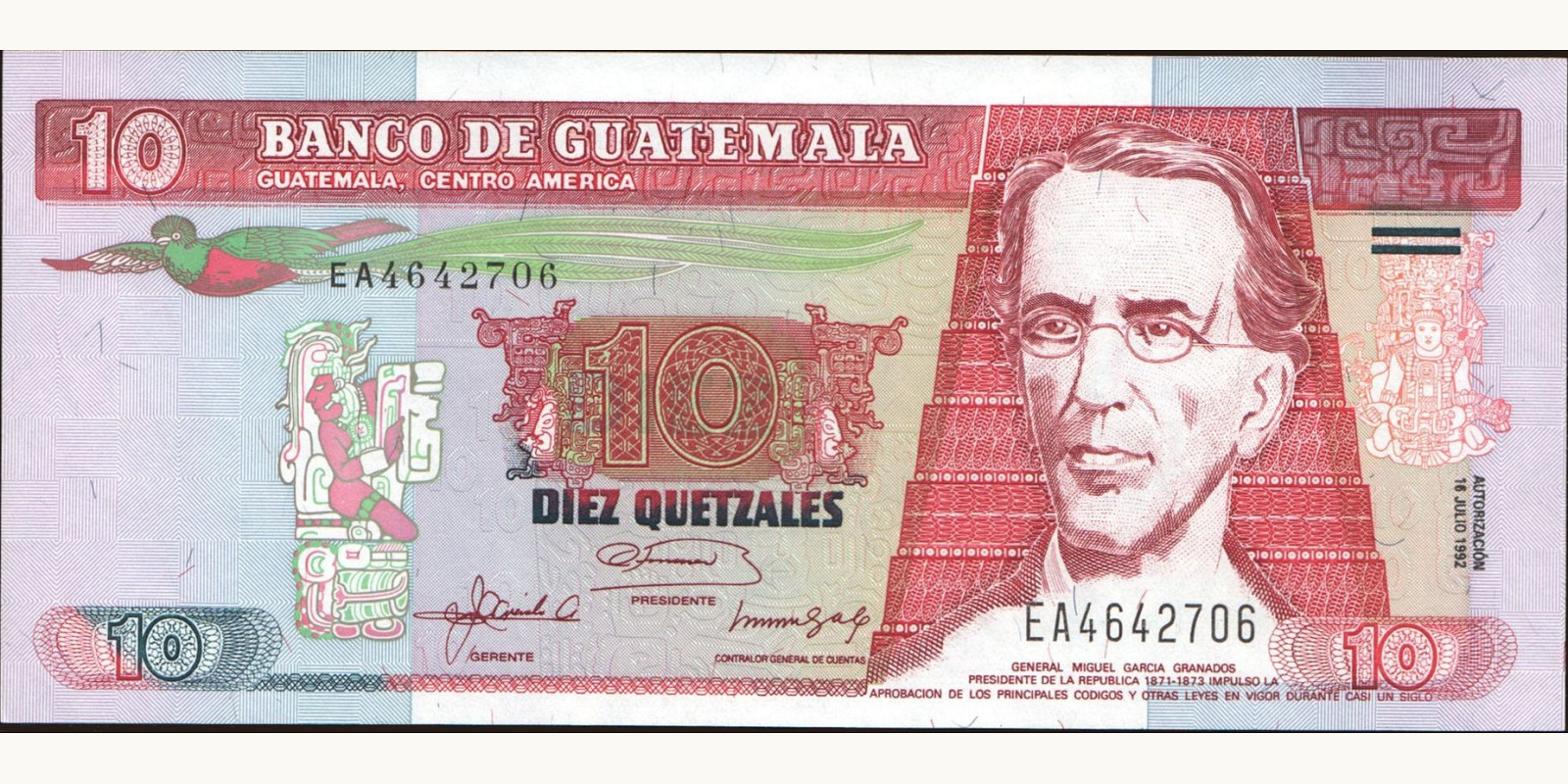 10 quetzales Guatemala 1992 — Front side