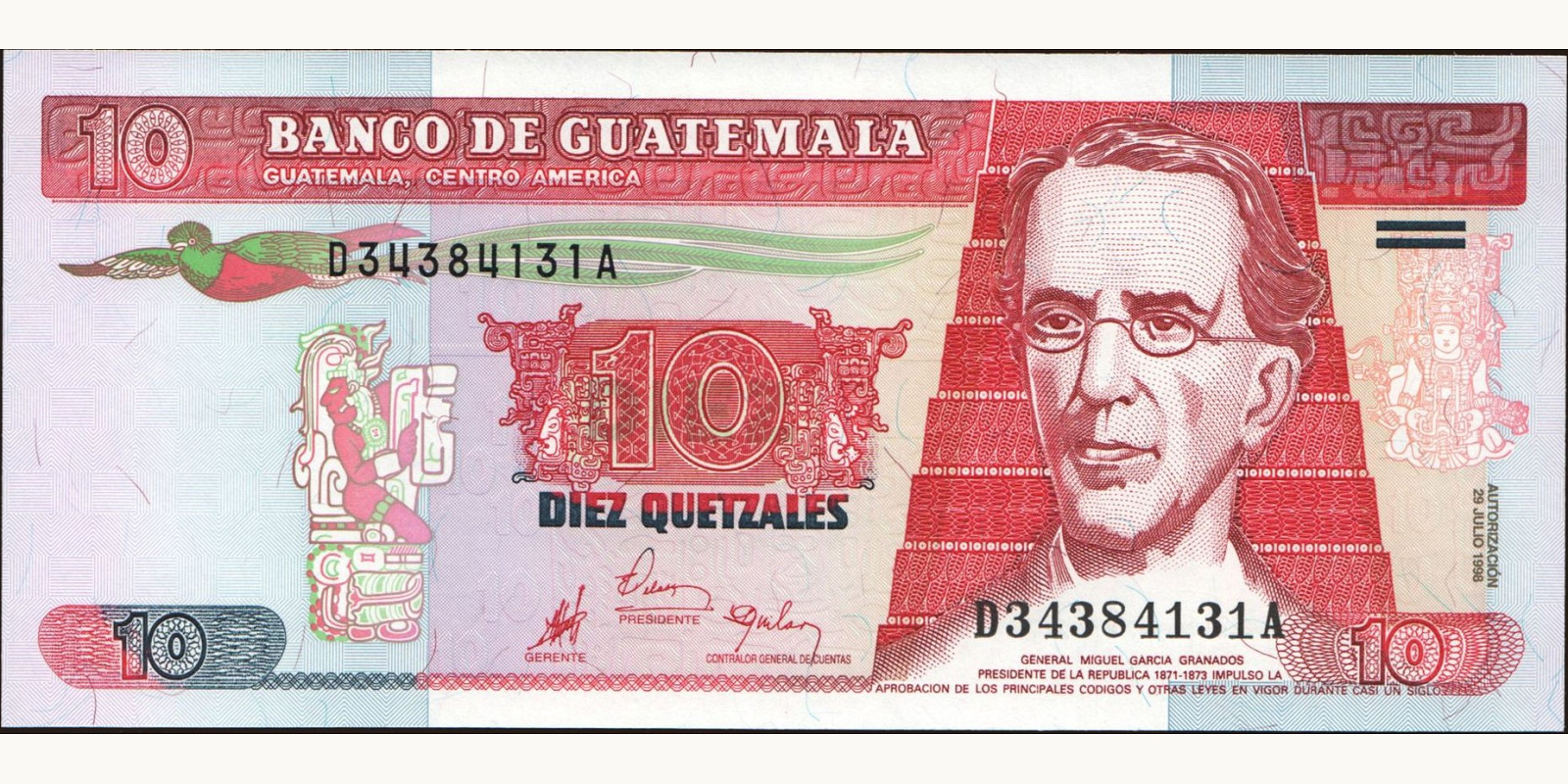 10 quetzales Guatemala 1998 — Front side