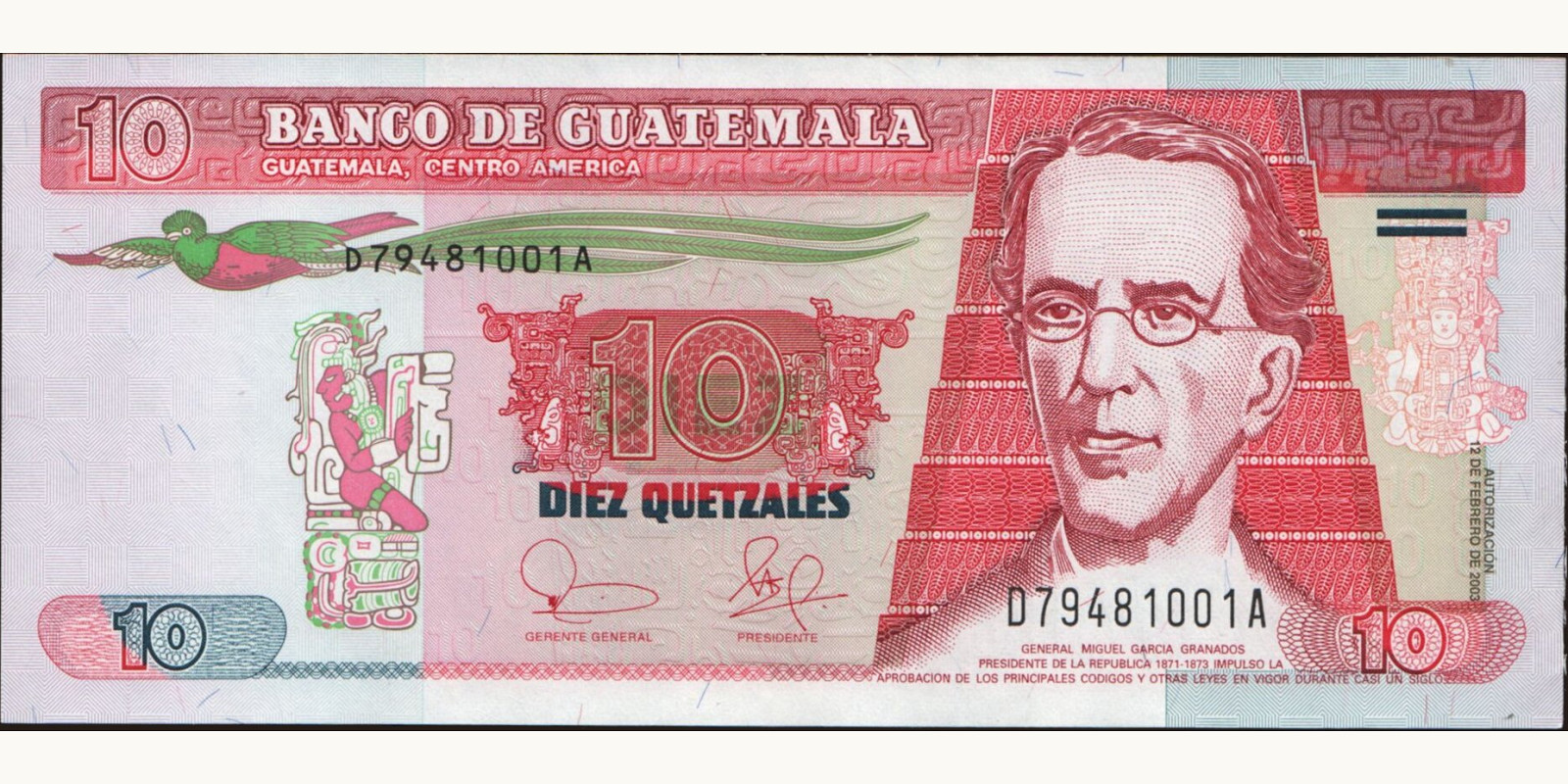10 quetzales Guatemala 2003 — Front side