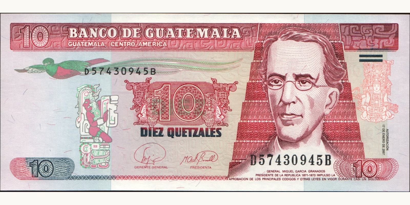 10 quetzales Guatemala 2007 — Front side