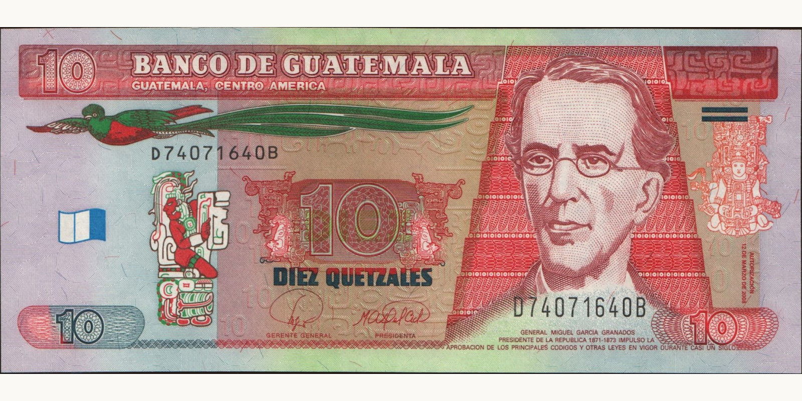 10 quetzales Guatemala 2008 — Front side
