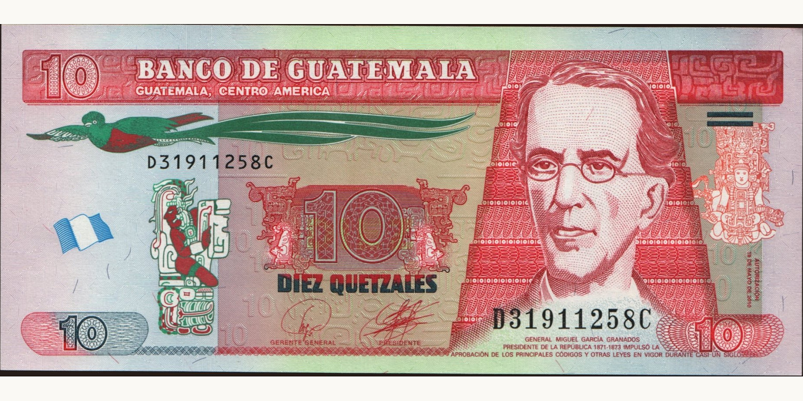 10 quetzales Guatemala 2010 — Front side