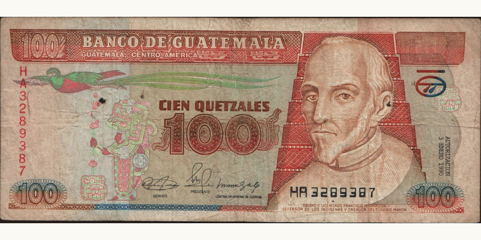 100 quetzales Гватемала 1990 — Лицевая сторона