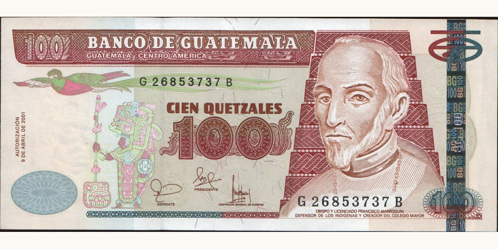 100 quetzales Гватемала 2001 — Лицевая сторона