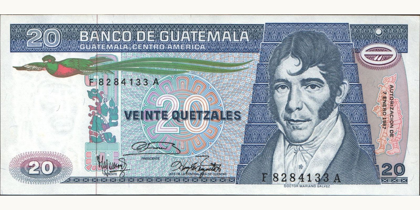 20 quetzales Гватемала 1987 — Лицевая сторона