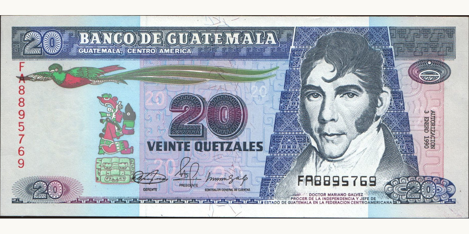 20 quetzales Гватемала 1990 — Лицевая сторона