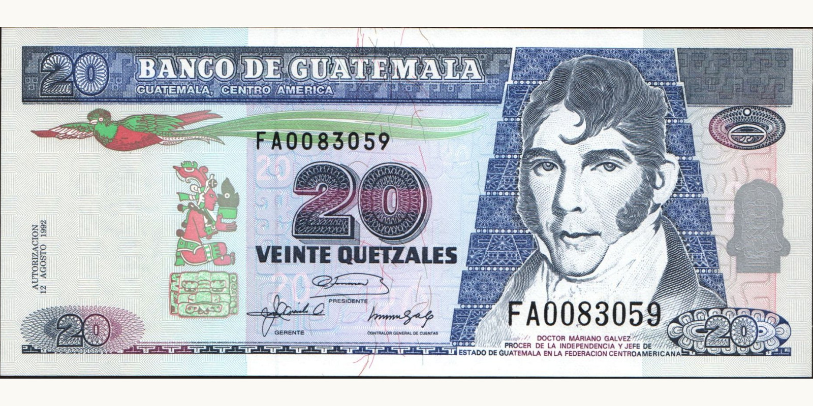 20 quetzales Guatemala 1992 — Front side