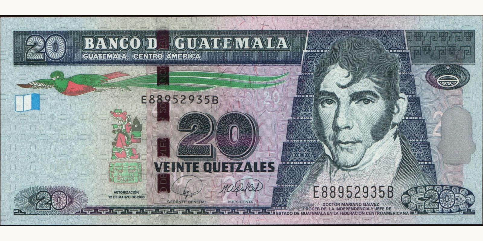 20 quetzales Гватемала 2008 — Лицевая сторона