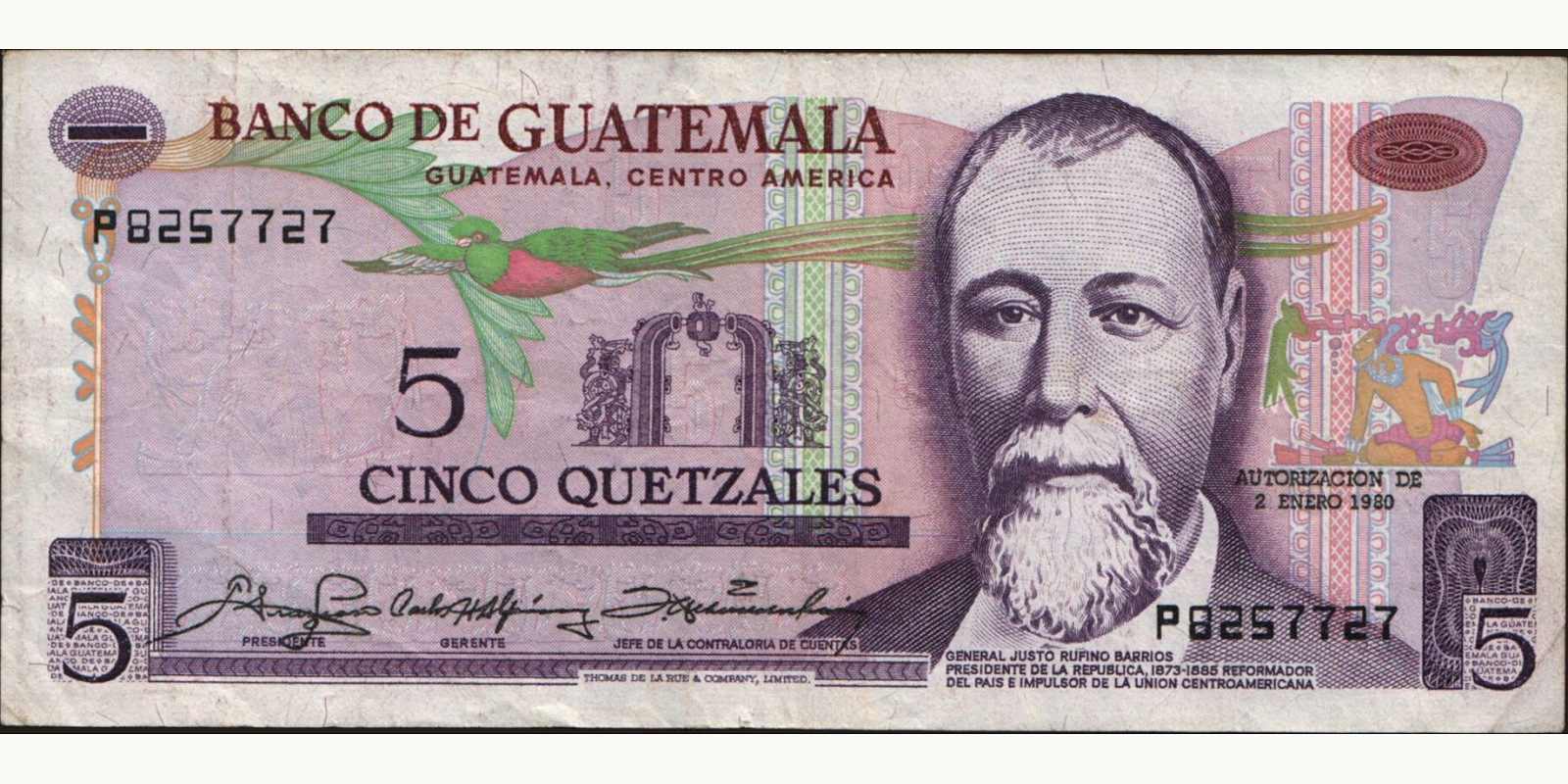 5 quetzales Гватемала 1980 — Лицевая сторона