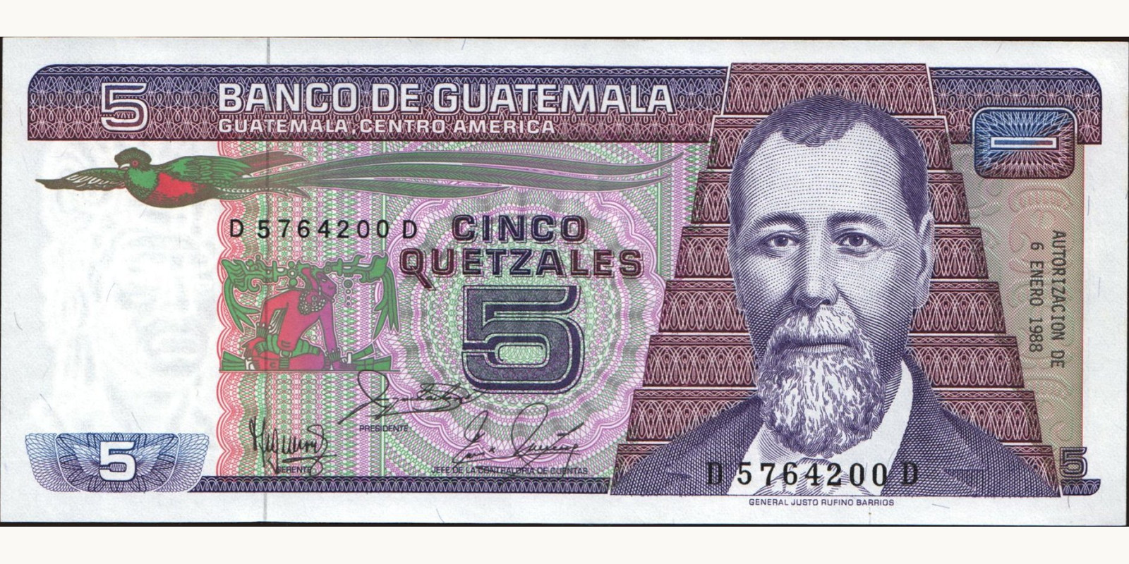 5 quetzales Guatemala 1988 — Front side