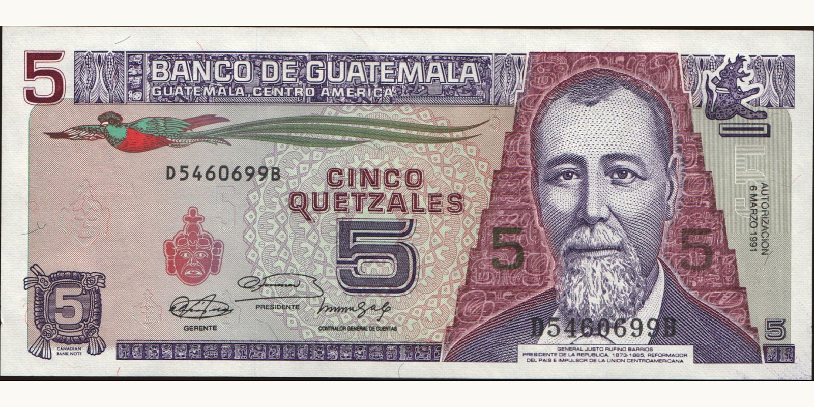 5 quetzales Guatemala 1991 — Front side