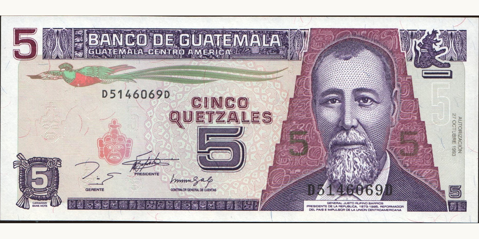 5 quetzales Guatemala 1993 — Front side