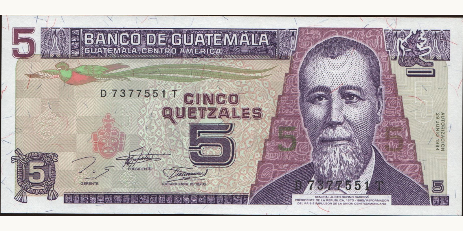 5 quetzales Guatemala 1994 — Front side