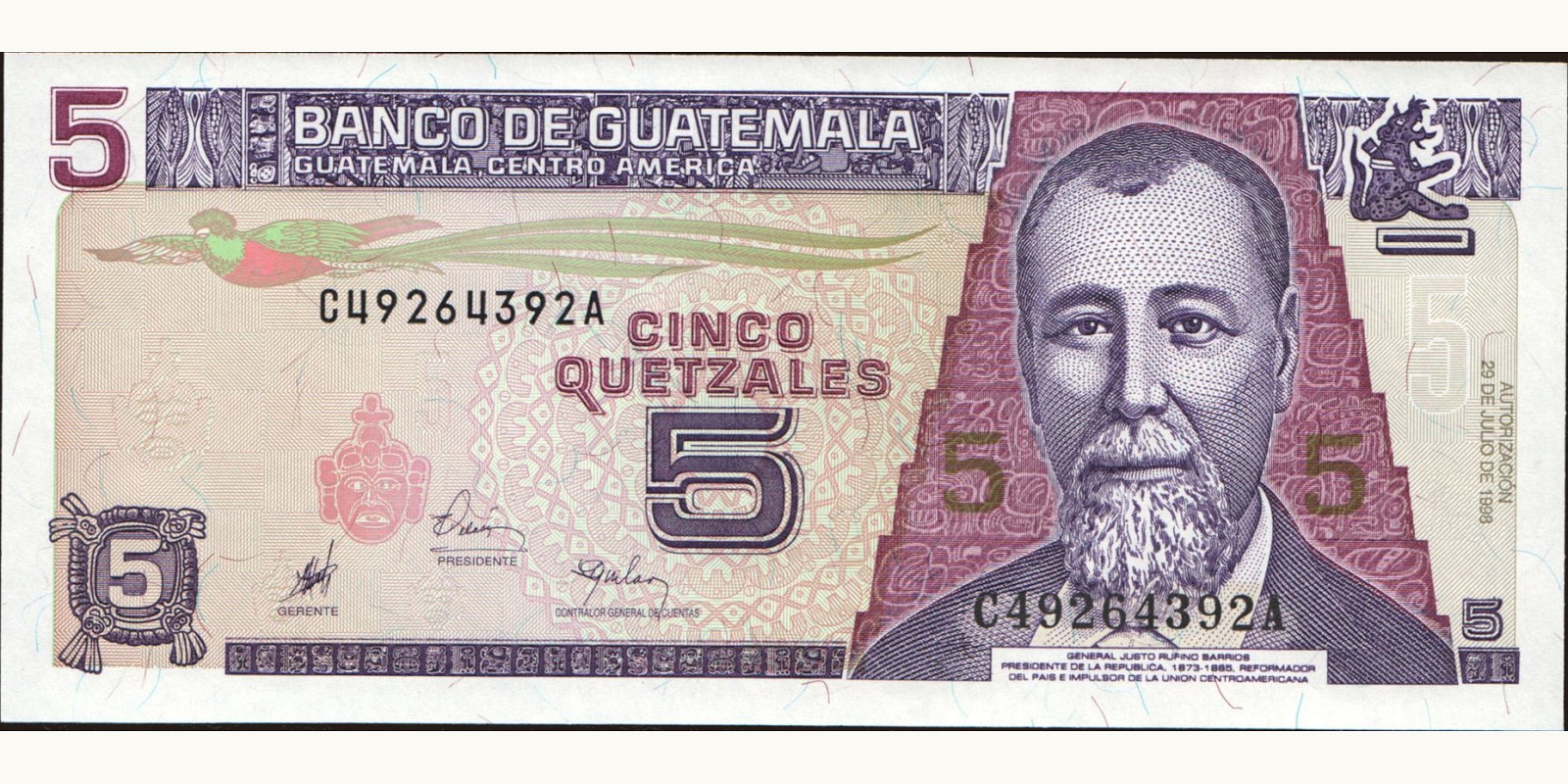 5 quetzales Guatemala 1998 — Front side