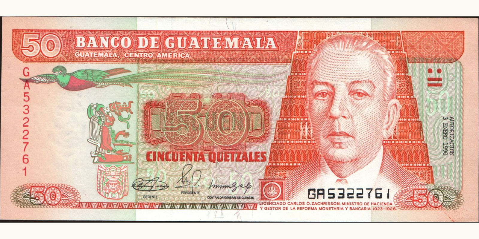 50 quetzales Guatemala 1990 — Front side