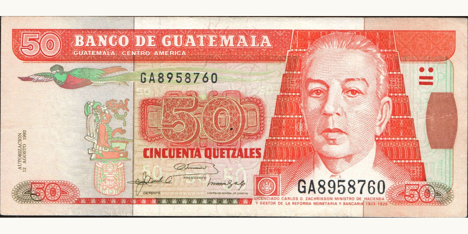 50 quetzales Гватемала 1992 — Лицевая сторона